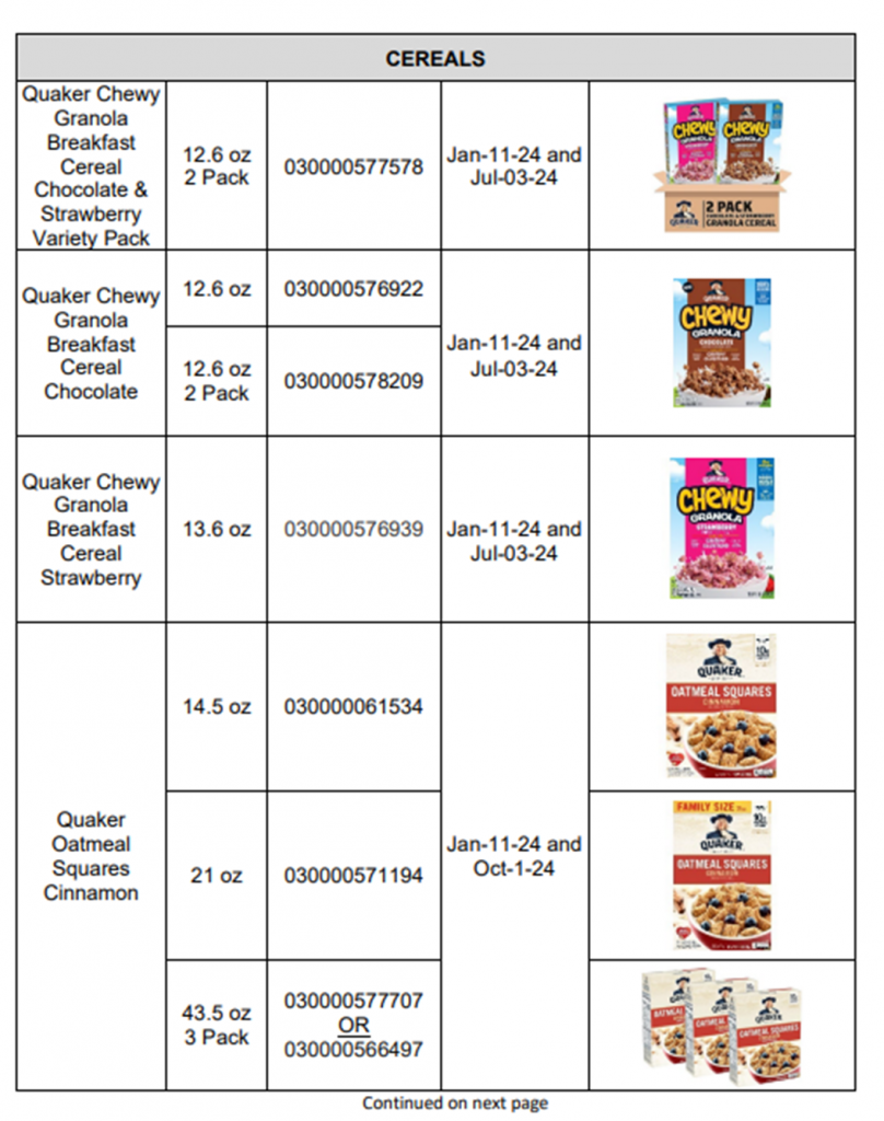 Quaker Recall Expansion Stater Bros. Markets